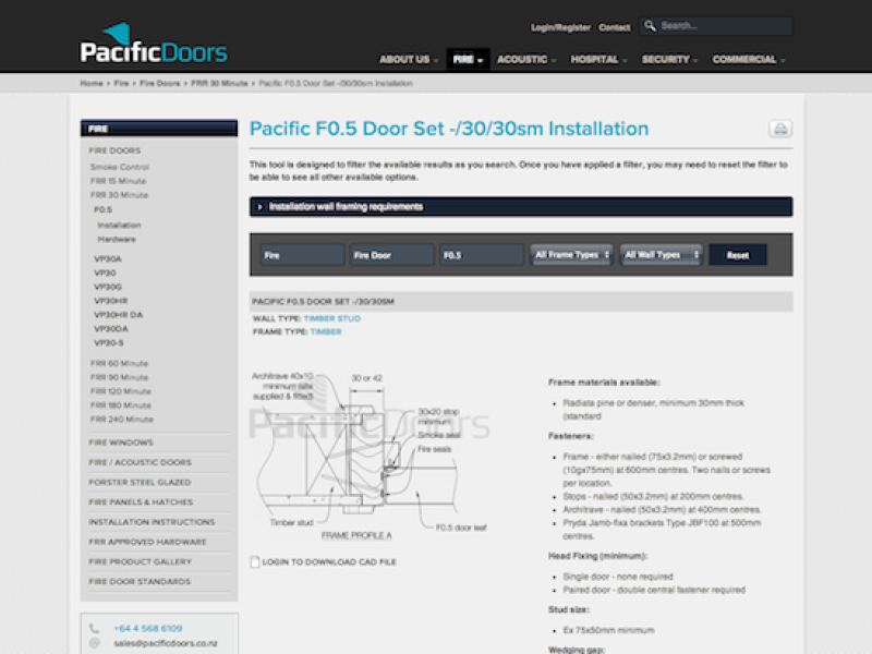Screenshot of Pacific Doors website product page showing data sheet and  product filtering options