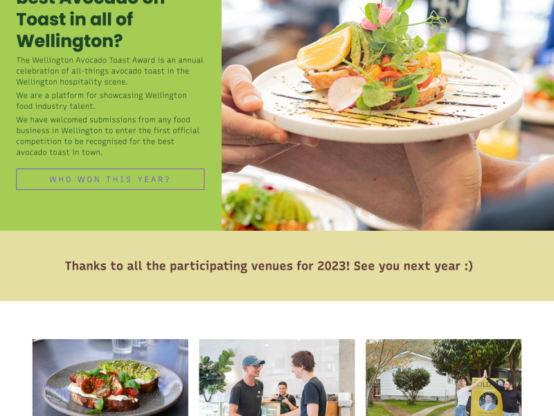 Wellington Avocado Toast Awards website screenshot.