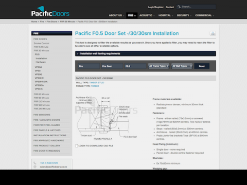 Screenshot of Pacific Doors website product page showing data sheet and  product filtering options