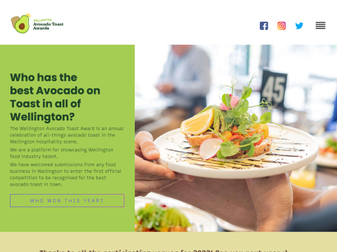 Wellington Avocado Toast Awards website screenshot.